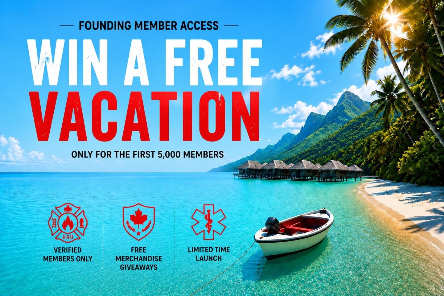Win a Free Vacation — Founding Member Access. Only for the first 5,000 members. Verified members only, free merchandise giveaways, limited time launch.
